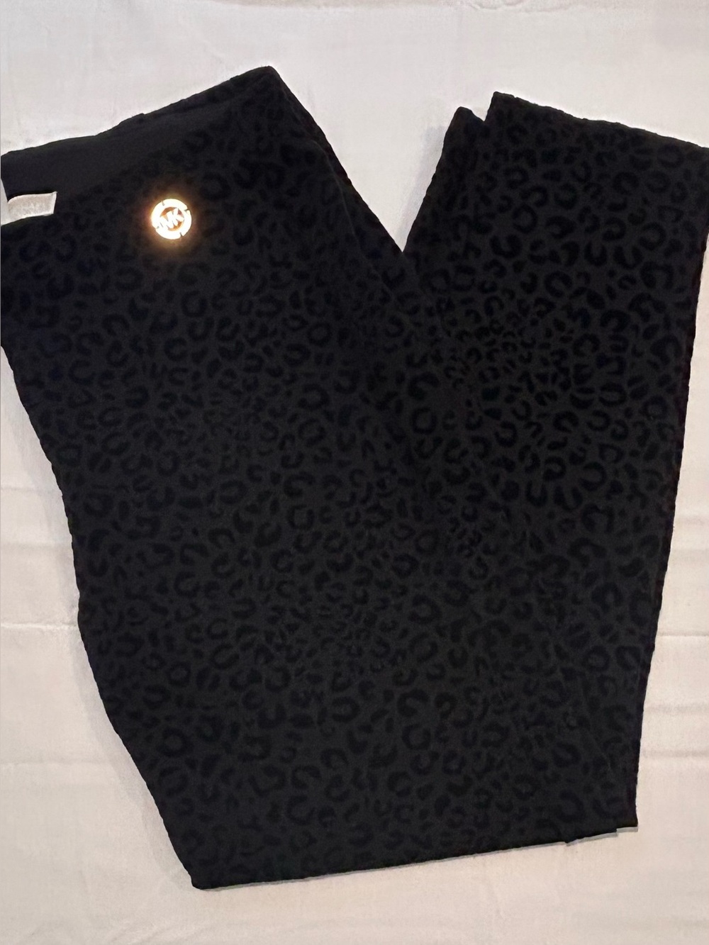 Michael Kors Black on Black Animal Print Leggings with Gold MK Accent